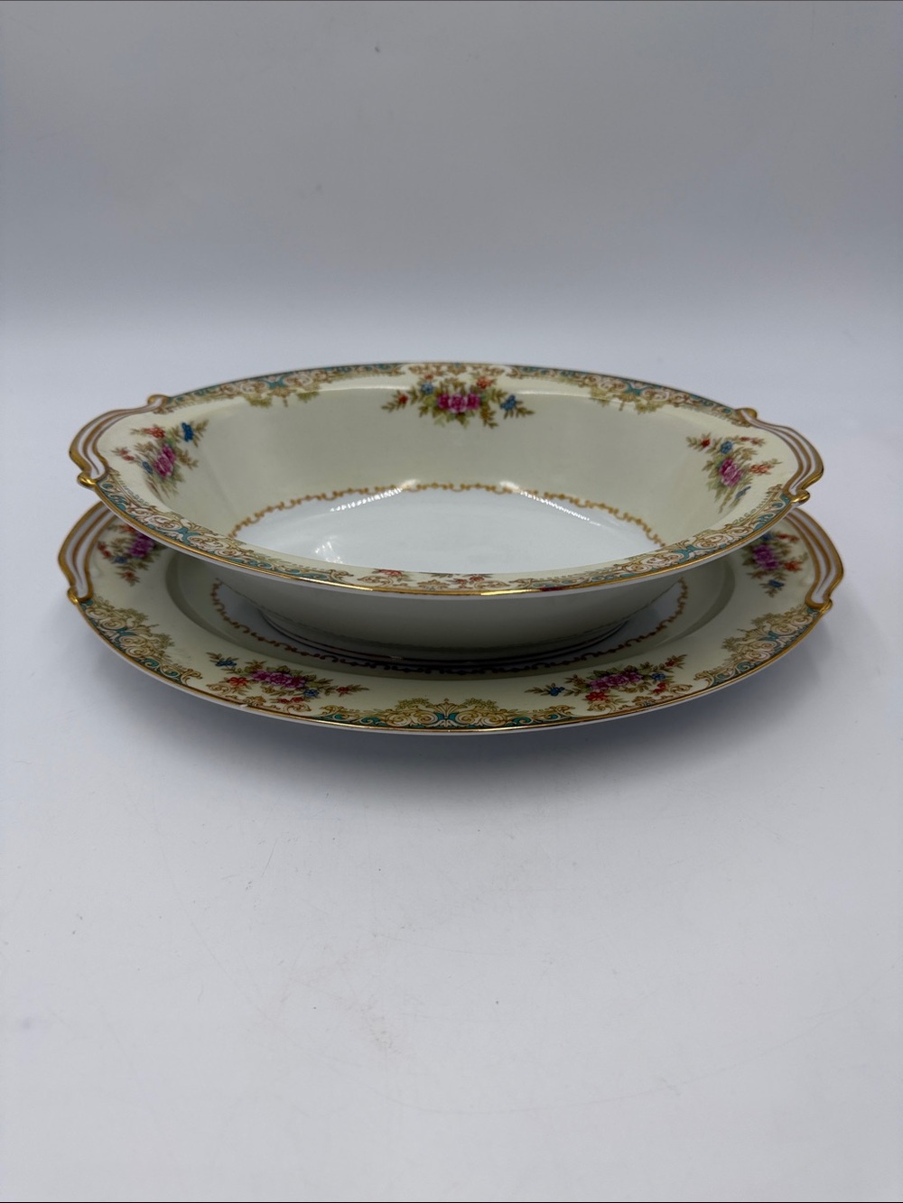 Vintage Floral Gold-Trim Serving Bowl and Platter - Cream and Pink